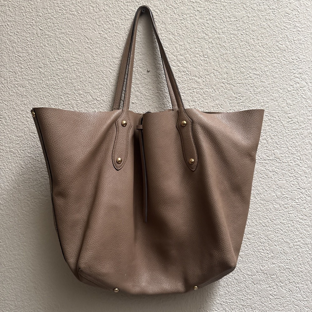 Annabel Ingall Isabella Pebbled Leather Tote Bag Taupe Gold Hardware Purse Large